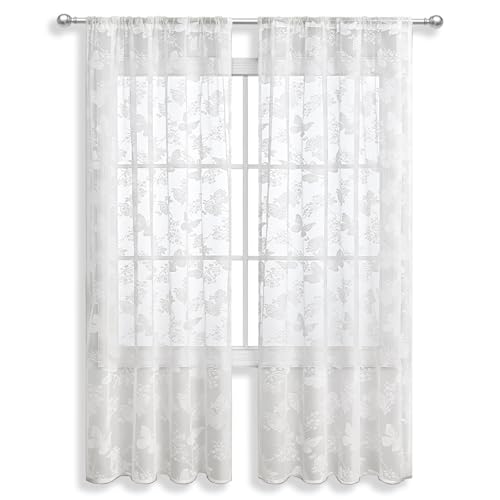 Fine jade2 Juego de 2 visillos blancos semitransparentes, modernos, para dormitorio, salón, cortina con trabillas (100 x 130 cm)