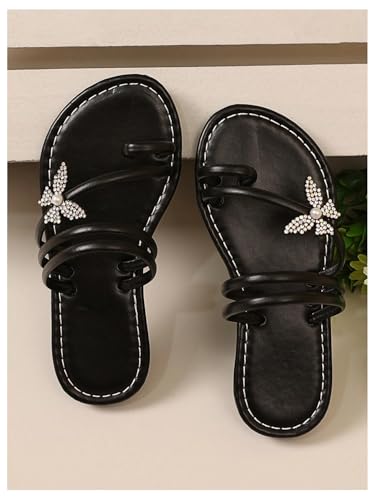Image of GORGLITTER Girl's Strappy Leather Flats Sandal Cute Braided Dressy Toe Ring Slip on Slide Sandals