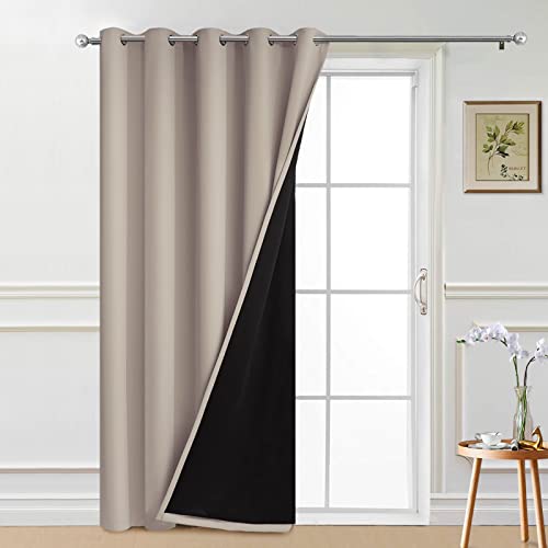 Image of Yakamok Natural 100% Blackout Patio Door Curtain Panels W70 x L84,1 Panel | Noise Reducing Barrier Panel for Sliding Glass Door, 2 Thick Layers Heat Full Light Blocking Patio Door Drapery