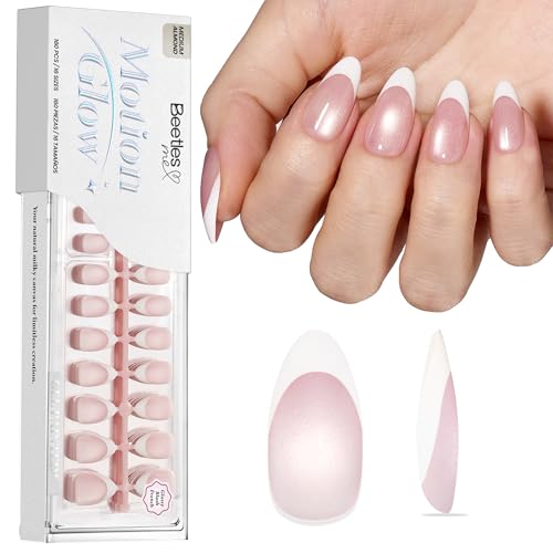 Image of Beetles French Tip Press On Nails 160Pcs Medium Almond Soft Nail Gel Tips | Cat Eye Pink Gel Painted Fake Nails, 16 Sizes for DIY Manicure Glassy Blush French