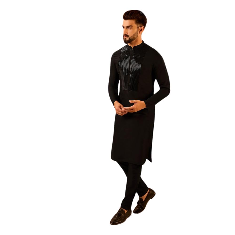 Kisah Men's Kurta, Black Cotton, Embellished Regular Fit Long Sleeves Mandarin Collar (M)
