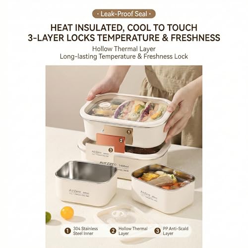Image of Lunch Box Stainless Steel Leakproof Insulated Tiffin Box with Thermal Bag, 2750ML Large Capacity 3-Container Meal Prep Lunch Box for Office School Travel, Beige