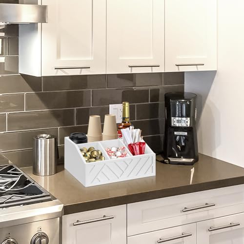 Wood Coffee Station Accessories - Coffee Bar Decor Organizer, Pod Syrup Holder, Condiment Organizer for Countertop (White)