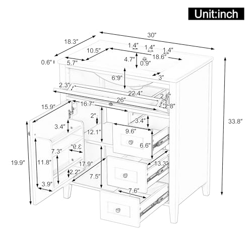 Image of 30 inch Bathroom Vanities with Top Set, Cabinet with Right-Side Multi-Functional Tip-Out Drawer and Adjustable Shelf, Soft-Closing Door, Solid Wood Legs, Green