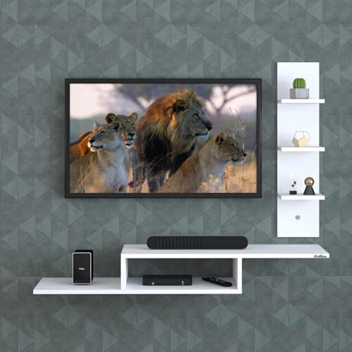 Image of Anikaa Engineered Wood LED Light TV Unit Wall Mounted TV Unit TV Cabinet Wall TV Stand for Living Room, Set Top Box Stand - White (D.I.Y - Do-It-Yourself) Ideal for Up to 43 inch Inches