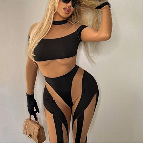 Yanfoam Women See Through Bodycon Jumpsuit Sexy Tights Sheer Mesh One Piece Outfits Long Sleeve Bodysuit Skinny Long Pants Clubwear Romper Catsuit #TOP2