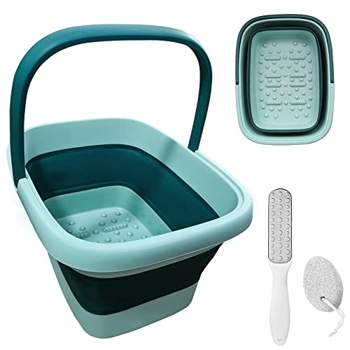 SKYFCC 3Pcs Collapsible Foot soak tub with Pumice Stone &Brush-Foot Bath with Handle-feet Soaking tub-Foot Soaking Bath Basin Bucket (Green)