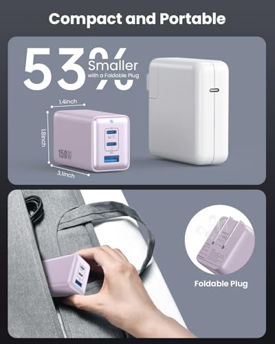 Image of 150W USB C Charger Block,GaN III Compact Foldable Wall Charger 3 Port Fast Charging Station,PD QC PPS Portable USB C Hub 100W Laptop Adapter for MacBook Pro /Air,iPad,iPhone 16 /Pro,Galaxy S24,Dell etc