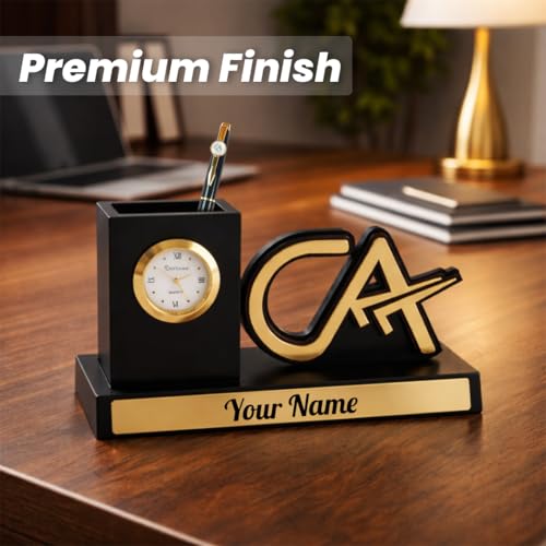 Image of Giftana 2 in 1 Personalized CA Desk Organizer with Pen Gift Set for Men and Women, Customized Pen Stand with Analog Clock, Customised Corporate Gift Set for Employee