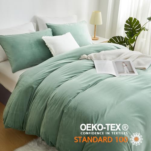Lanqinglv Warm Duvet Cover Set King Size Green Velvet Flannel Cozy Thick Bedding Set,1 Fleece Winter Quilt Cover with Zipper Closure and 2 Pillowcases - Image 3