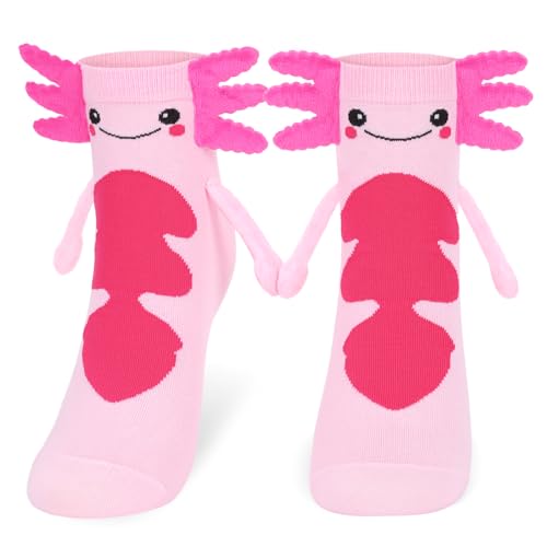 COZYMATE Funny Animal Axolotl Socks for Women Novelty Magnetic Hand Holding Crazy Socks for Kids Girls Christmas Gifts (US Alpha One Size Regular Regular Pink)