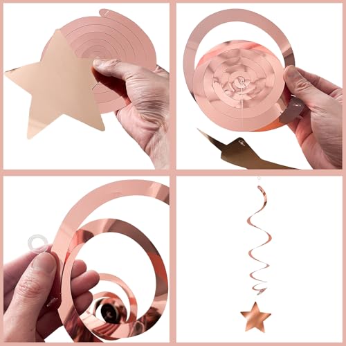 Image of Rose Gold Star Swirl Hanging Decorations - 30 Pack Metallic Foil Ceiling Streamers with Hooks for Birthday Party, Wedding, Baby Shower, Celebration Decor