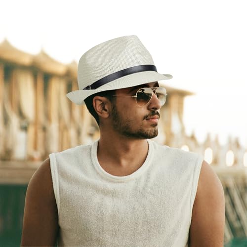 Image of Straw Trilby Fedora Hat for Men Women 1920s Panama Hat Short Brim Summer Beach Sun Hat with Band