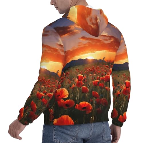 Men's Fleece Pullover Hoodie Long Sleeve Hooded Red Poppy Flower Field in Sunset Sweatshirt Casual Shirts With Pockets4