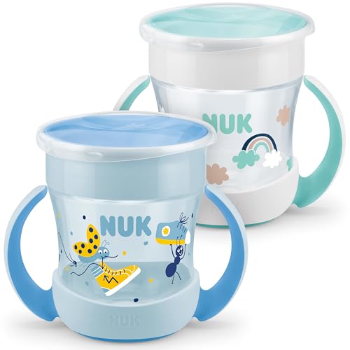 NUK Mini Magic Cup Tasse antifuite | Rebord antifuite 360° | À partir de6pk mois | Poignées ergonomiques | Sans bisphénol A | 160 ml | Bleu et turquoise | Lot de 2