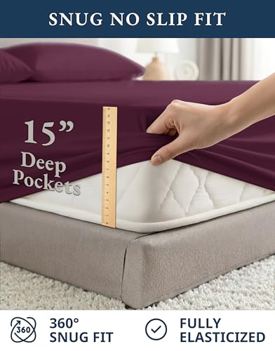 Image of LANE LINEN 100% Organic Cotton Sheets Queen Size, Classic Percale Weave Fully Elasticized Breathable Queen Cotton Sheet Set, Machine Washable Soft & Comfy Queen Sheet Set - Windsor Wine