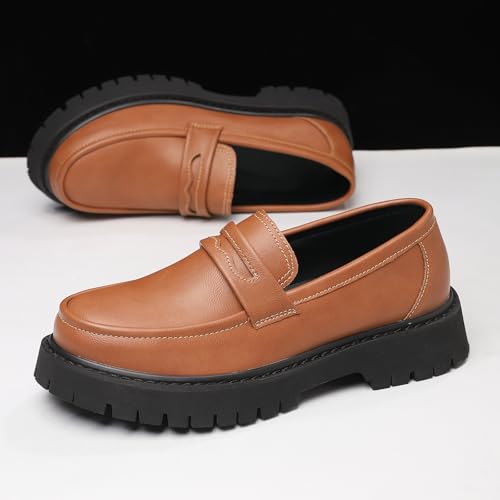 Image of Men's Leather Platform Chunky Slip-On Penny Loafers Classic Round Toe Lug Sole Business Casual Formal Work Shoes