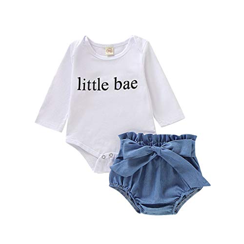 0-2 Años,SO-buts Niña Pequeño Bebé Niñas Manga Larga Carta Mameluco Mono Body + Bowknot Jeans Pantalones Cortos Conjuntos Otoño Chándal (Blanco,6-12 meses)