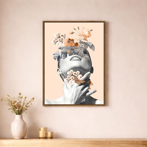 Image of Surreal Floral Woman Portrait Framed Canvas Painting For Living Room | Modern Beige Abstract Botanical Wall Art For Livingroom Wall Decor, Home Decor, Bedroom, Hallway's, Office, Hotel - 43x58 cm