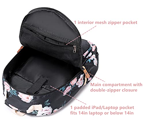 Image of Leaper Floral School Backpack Girls Bookbag Daypack USB Charging Port Black-2