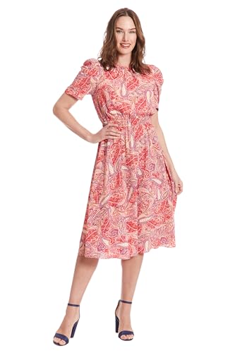 Image of London Times Women's Caterpillar Puff Sleeve Midi Dress - Gathered Waist A-Line Flowy Summer Dress