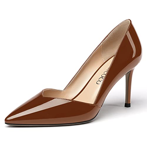 MODENCOCO Women's Slip On Cut Out Pointed Toe Patent Stiletto High Heel Pumps Shoes 3.5 Inch