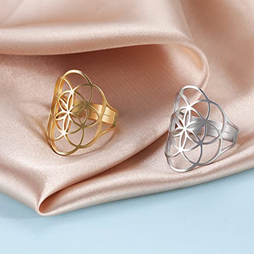 kkjoy Openwork Flower of Life Ring Stainless Steel Adjustable Open Finger Rings Promise Ring Jewelry Gift for Women Charming Ladies4