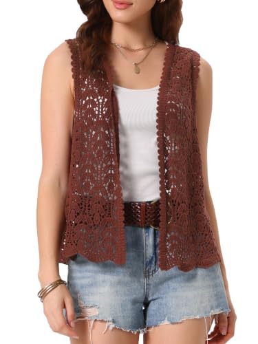 Image of Allegra K Women's Floral Crochet Hollow Out Sleeveless Open Front Boho Vest Cardigan