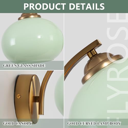 Image of Green Glass Kitchen Sconce Light Brushed Gold Bathroom Vanity Light Vintage Hardwired Wall Sconce Set of 2 Mid Century Modern Wall Lighting