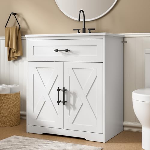 Amada 30″ Bathroom Vanity with Ceramic Sink, Farmhouse Undermount Vanity Sink Cabinet with 2 Doors and 1 Drawer, Free Standing Bathroom Cabinet with Sink Combo Set, White