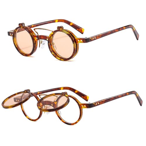 Image of HYLLE Retro Flip-Up Round Goggles Seampunk Sunglasses for Men Women 90s Style