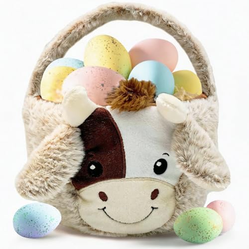Image of Easter Basket, Cute Cow Plush Baskets, Easter Egg Hunt Buckets, Easter Decorations Indoor Outdoor, Cute Easter Gifts for Kids, Adults, Teens, Toddlers, Girls