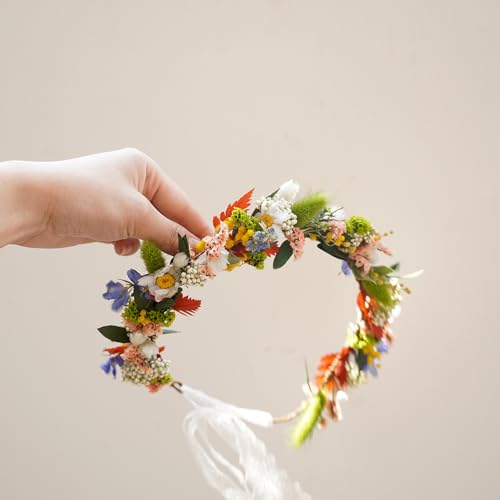 Corona boho para niña con flores secas verdes miniatura 4