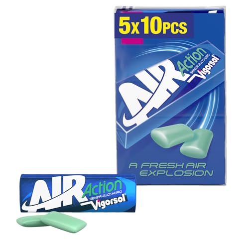 Vigorsol Air Action, Chewing Gum, Gusto Menta, Senza Zucchero, Senza Glutine, Confezione da 5 Astucci ciascuno da 10 Gomme da Masticare, da portare Sempre con Te per una Freschezza Immediata