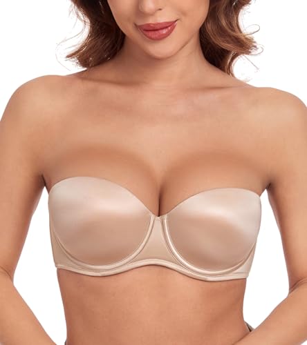 HACI Push up Strapless Bra Thick Padded Demi Underwire Add a Cup Convertible Straps Tshirts Multiway(Beige,32A)