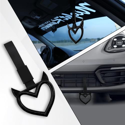 Image of 2PCS Heart shaped Car Handle Straps, Heart Car Accessories, Ring Hearts Shaped Cars Hand Strap Drift Charm, Universal Handle Keychains Accessory Suitable for Cars Bus (Black+balck)