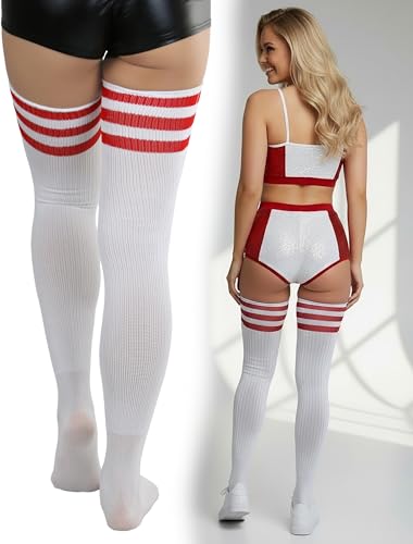Image of ToBeInStyle Women's Heavyweight Knit Thigh High Long Socks w /Contrast 3 Stripe Top Band