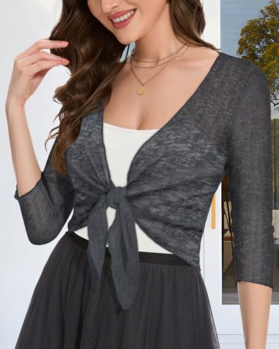Image of Women Crop Cardigan Sheer Mesh Bolero Shrug for Dress Tie Front 3 /4 Sleeve Tops (Steel Grey,2XL)