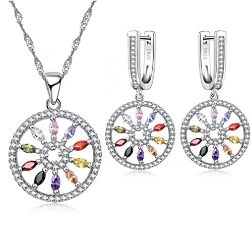 Boucles d'oreilles et collier en zircone cubique avec roue en cristal coloré