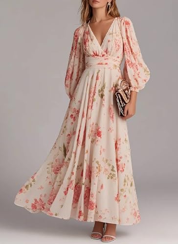 Women's Sweet Pink Floral Print Maxi Dress Elegant V-Neck Long Sleeve Loose Dress Spring and Summer Cool Outfits2