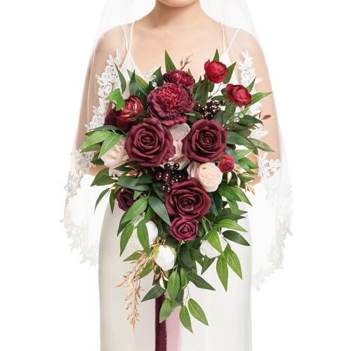 Ling's moment Bridal Bouquet Cascading Marsala Wedding Bouquets for Bride