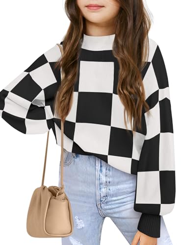 Image of Girls Sweaters Kids Fashion Plaid Mock Neck Pullover Sweater Tops 5-14 Years
