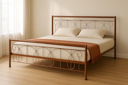 Image of Kovu Metal King Size Bed Without Storage | Wrought Iron Double Bed with Headboard & Footboard | Sturdy Powder Coated Platform Bed King Size Cot for BedroomLivingRoom Brown (75x72)