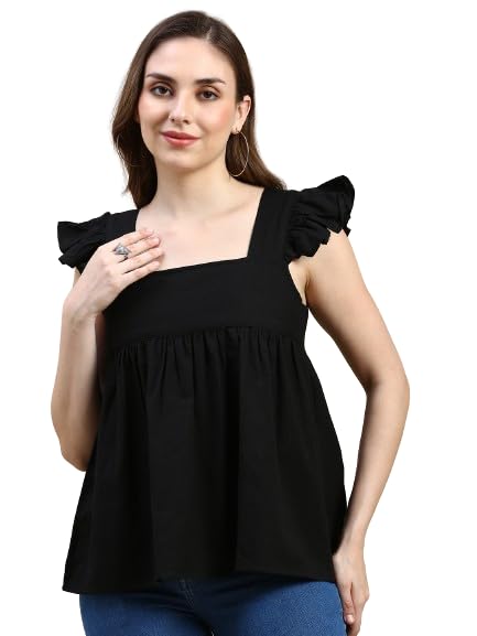 de moza Women Crop Top Woven Top Solid Cotton Black-picture-50