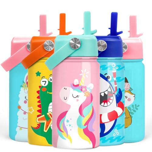 Image of SANDJEST Unicorn Water Bottle - Kids Water Bottle with Straw Lid - 12 Oz Insulated Stainless Steel Water Bottles for Kid Girls - Travel Cup for School Sports