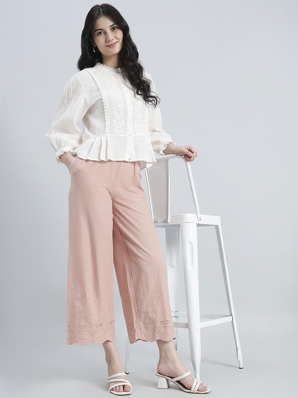 Image of GO COLORS Women Cotton Hakoba Wide Pant Ankle Length, Floral Embroidery, Relaxed Fit, Mid-Rise with Side Pocket