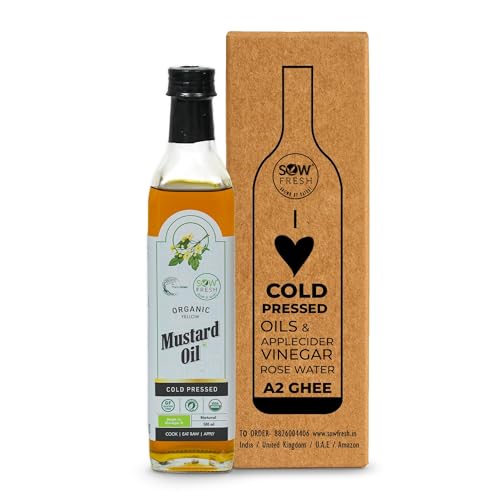 Sow Fresh Grown by Nature Organic Yellow Mustard Oil Cold Pressed – Vegan Kachi Ghani Sarso Oil – Omega 3 Rich – No Added Preservatives – USDA Certified – 1000ml Sow Fresh Grown by Nature Organic Yellow Mustard Oil Cold Pressed – Vegan Kachi Ghani Sarso Oil – Omega 3 Rich – No Added Preservatives – USDA Certified – 1000ml