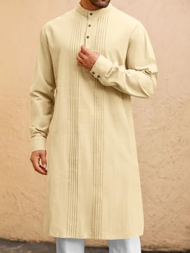 Image of Runcati Mens Kaftan Robe Button Down Long Sleeve Cotton Linen Thobe Casual Muslim Gown Henley Shirt