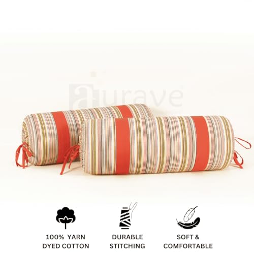 Image of AURAVE Woven Cotton 144 TC Bolster Cover with Drawstring Closure, Set of 2, Soft Breathable Durable Machine Washable for Sofa Bed & Home Decor, 15 inchx30 inch, Peach | Cover Only