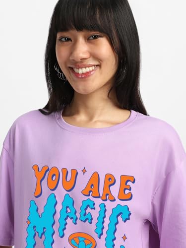Image of JUNEBERRY Pure Cotton Oversized Baggy Fit Round Neck Drop Shoulder Swan White Back Graphic Printed T-Shirt for Women /Girls